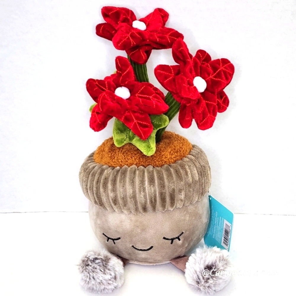 POINSETTIA 🌺 Gorgeous Red Poinsettia Potted Plant Plush W Fur Feet & Smile NWT